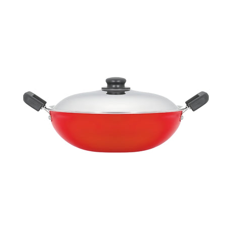 Premier Non Stick Kadai with SS Lid 28 cm - Red_Front View