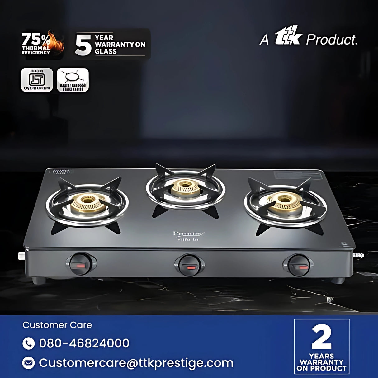 Prestige 40599 Efficia Convertible 3 Burner Glass Top Gas Stove – Black