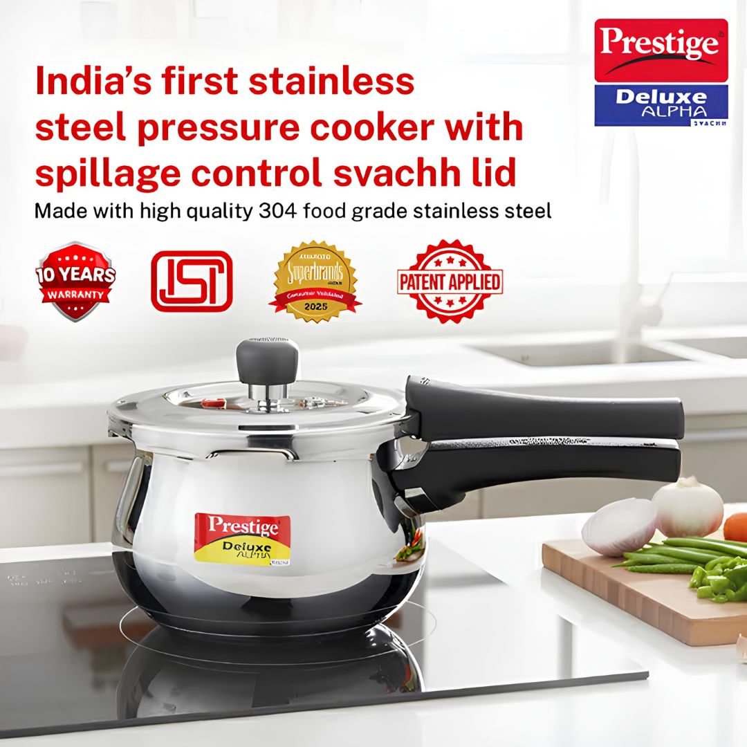 Prestige Deluxe Alpha Svachh SS Spillage Control Handi Pressure Cooker 1.5 L