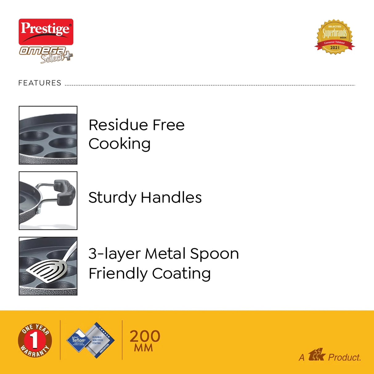 Prestige Paniyaram Pan Omega Select Plus 200 mm - Black