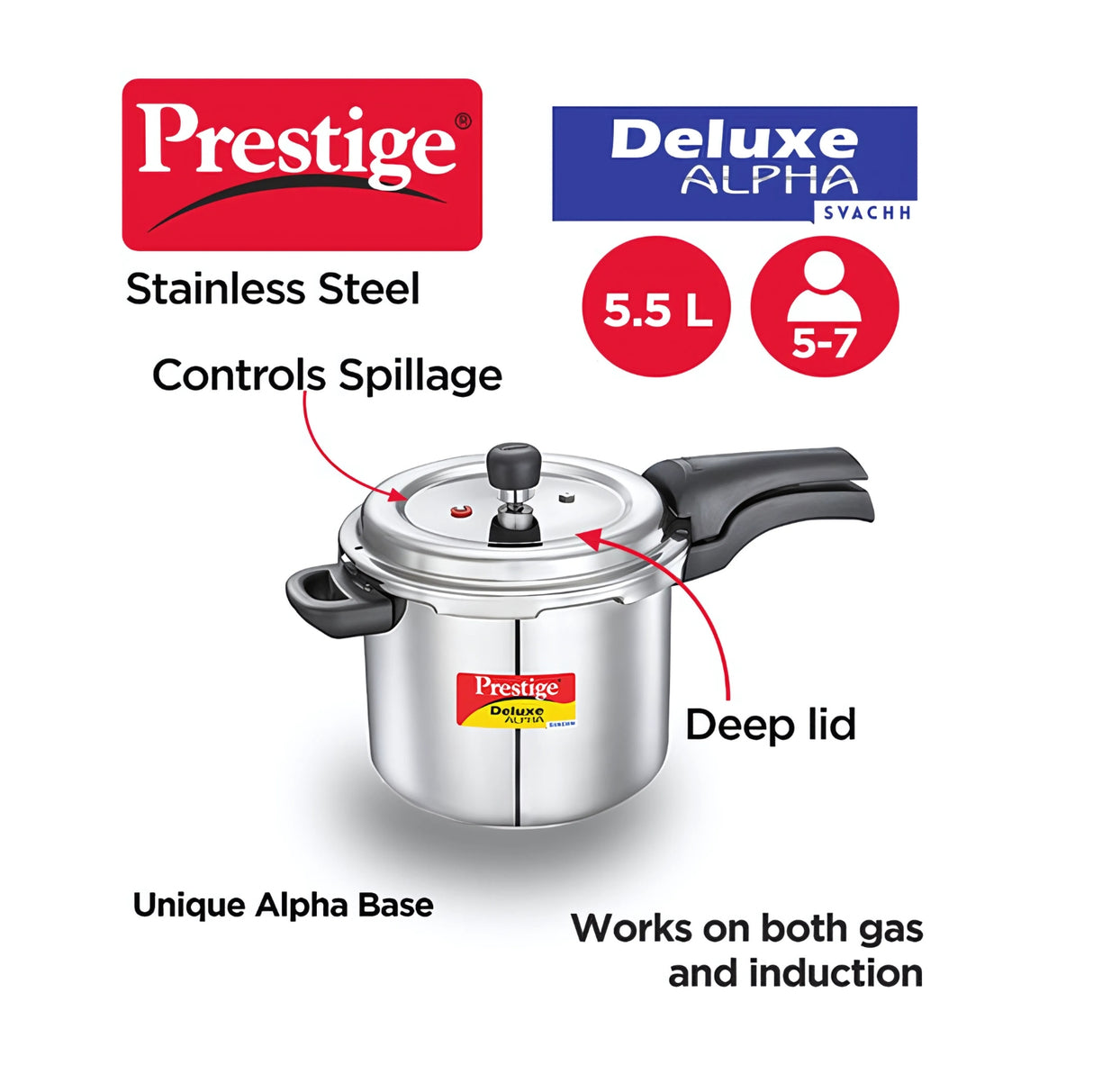 Prestige Deluxe Alpha Svachh SS Outer Lid Pressure Cooker 5.5L