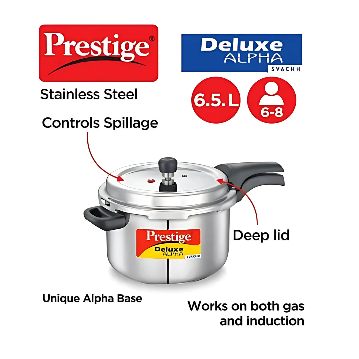 Prestige Deluxe Alpha Svachh SS Pressure Cooker 6.5L