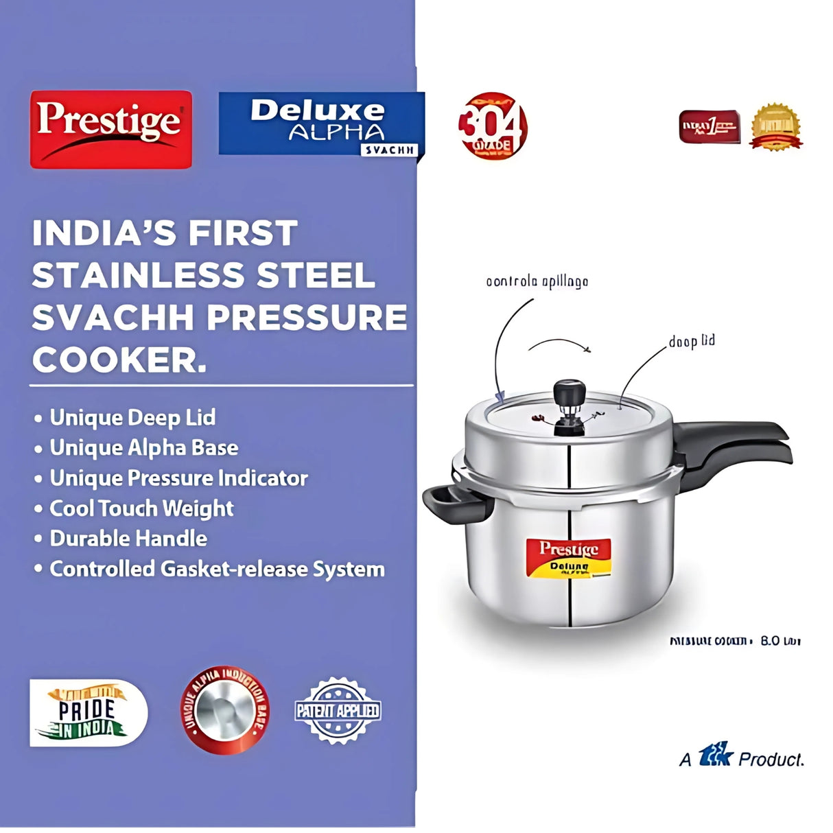 Prestige Deluxe Alpha Svachh SS Pressure Cooker 8 L