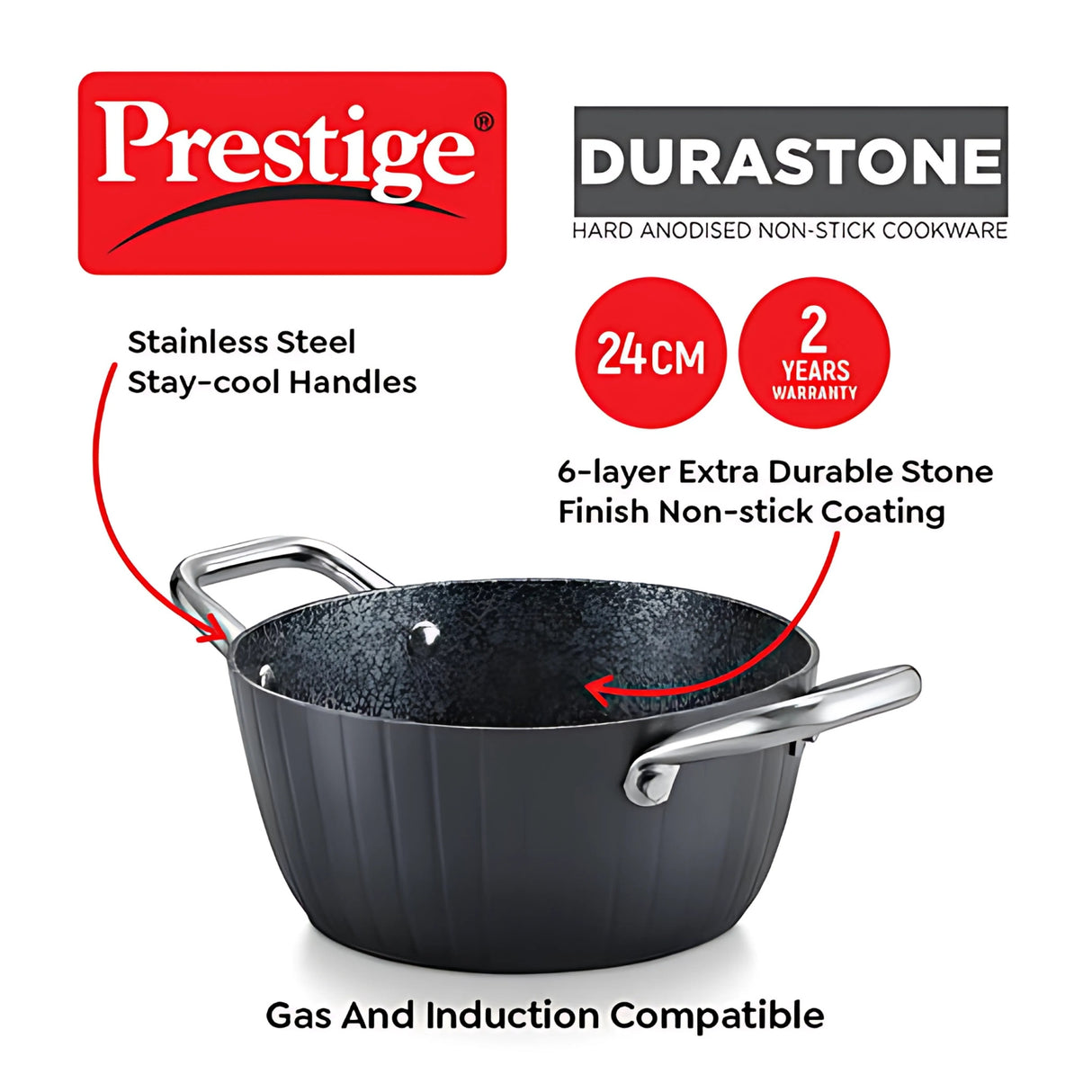 Prestige Durastone Hard Anodized Casserole 24 cm - Black