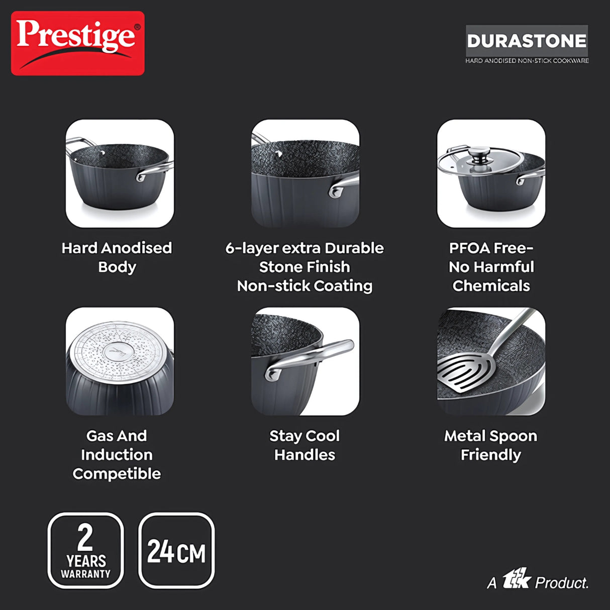 Prestige Durastone Hard Anodized Casserole 24 cm - Black
