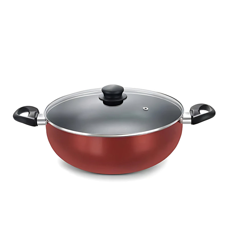 Prestige Omega Deluxe Aluminium NS Deep Kadai with Glass Lid 24 cm - Red