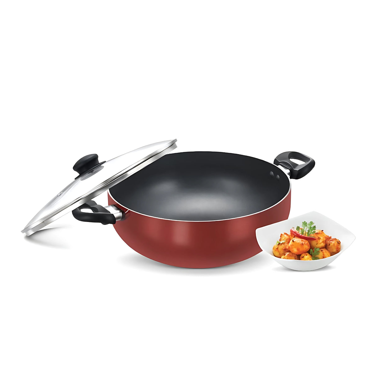Prestige Omega Deluxe Aluminium NS Deep Kadai with Glass Lid 28 cm - Red