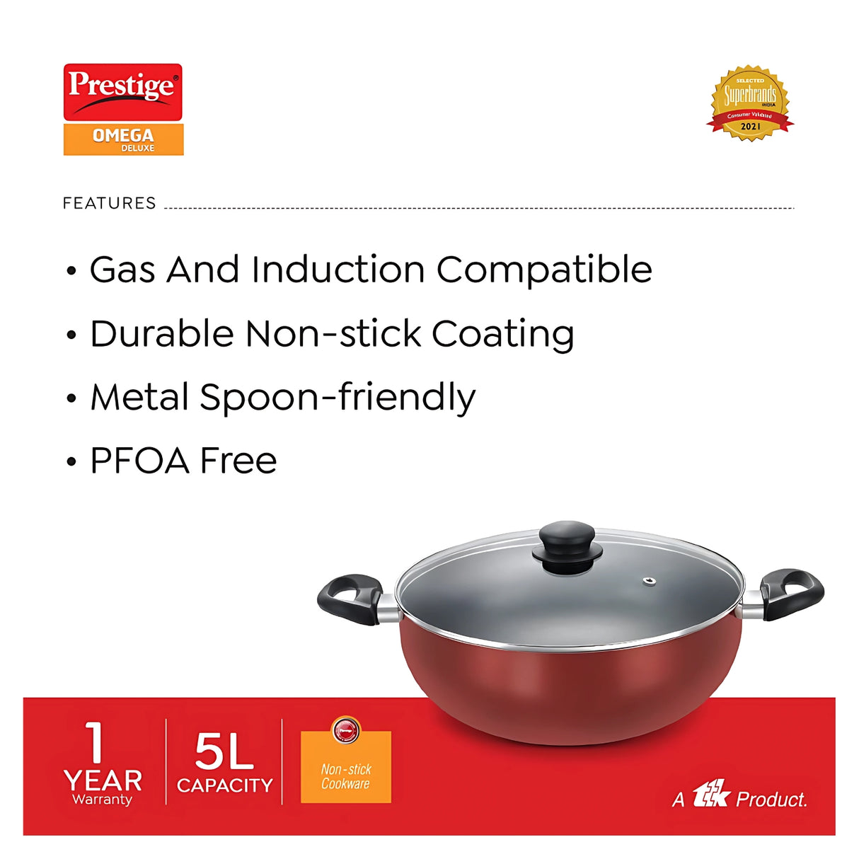Prestige Omega Deluxe Aluminium NS Deep Kadai with Glass Lid 28 cm - Red
