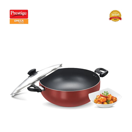 Prestige Omega Deluxe Aluminium NS Deep Kadai with Glass Lid 30 cm - Red