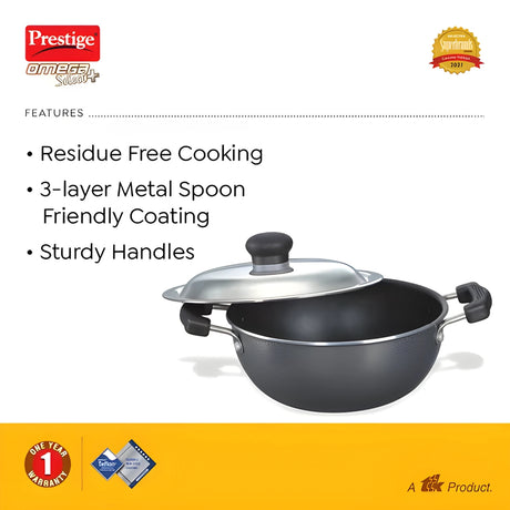 Prestige Omega Select Plus Aluminium Flat Base NS Coating Kadai with SS Lid 27 cm - Black