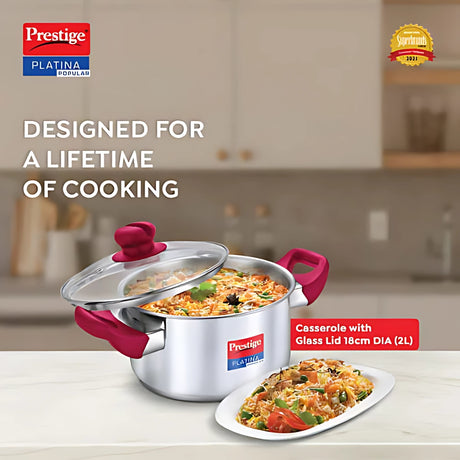 Prestige Platina Popular SS Casserole with Glass Lid 18 cm
