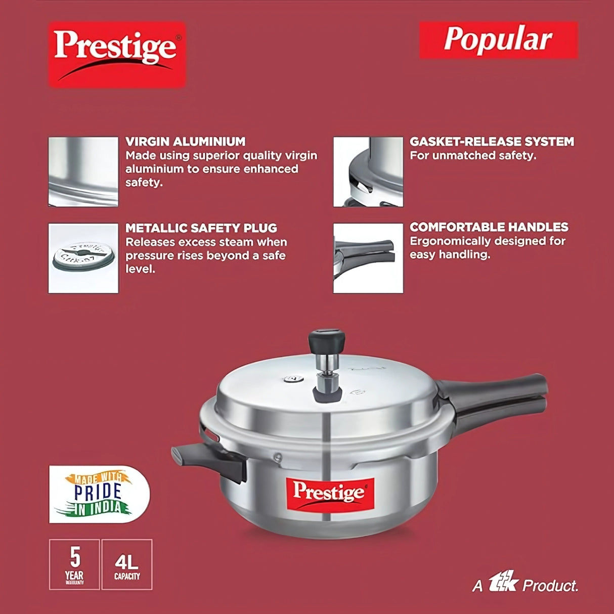 Prestige Popular Virgin Aluminium Junior Deep Pan Pressure Cooker 4L