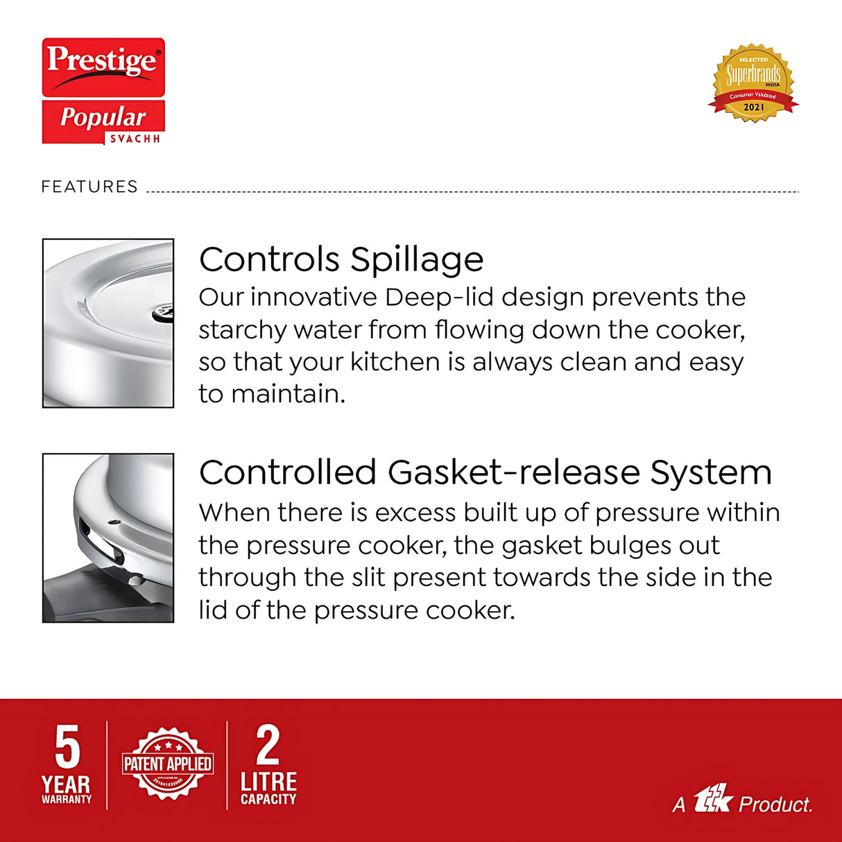 Prestige Popular Svachh Aluminium Pressure Cooker 2L