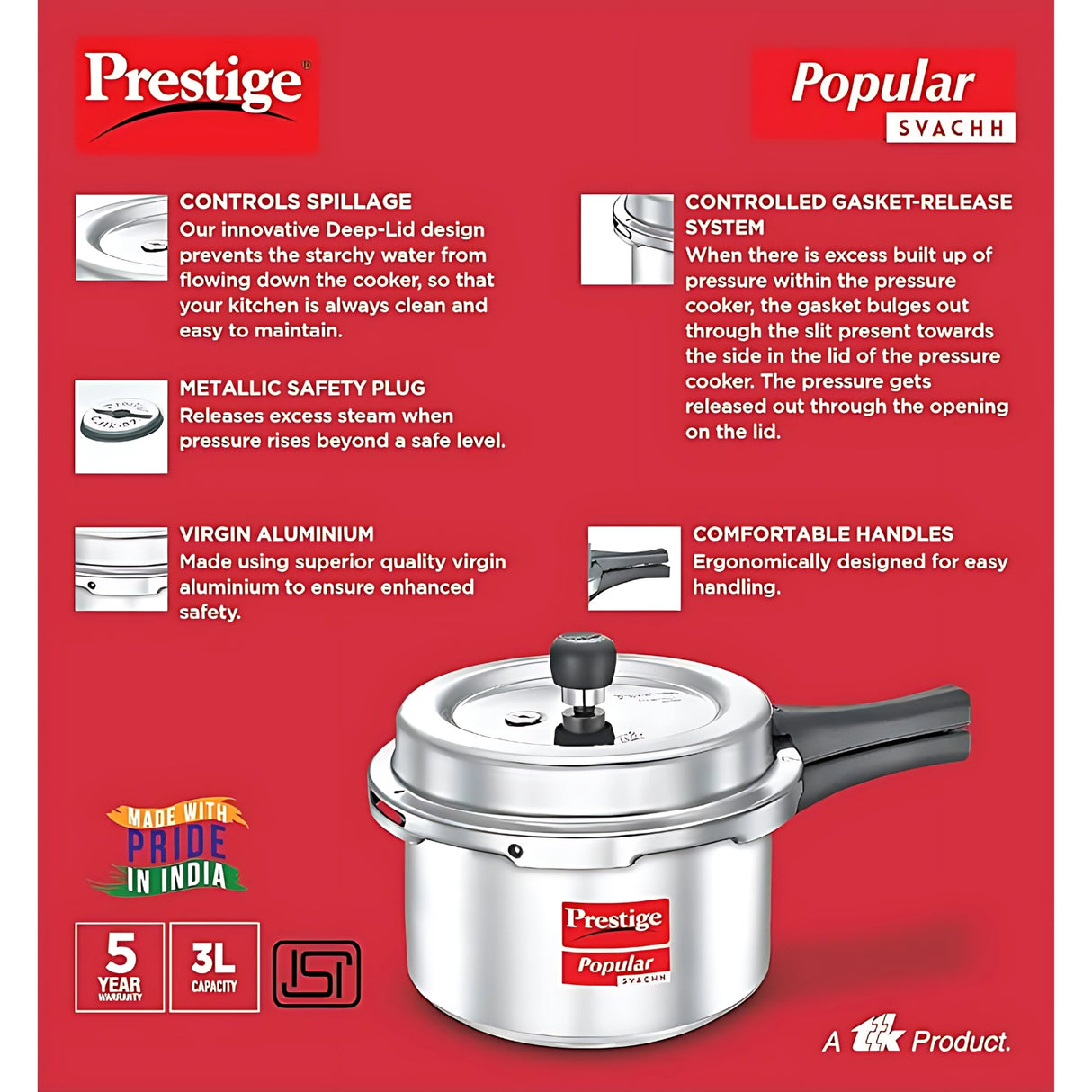 Prestige Popular Svachh Aluminium Pressure Cooker 3 L