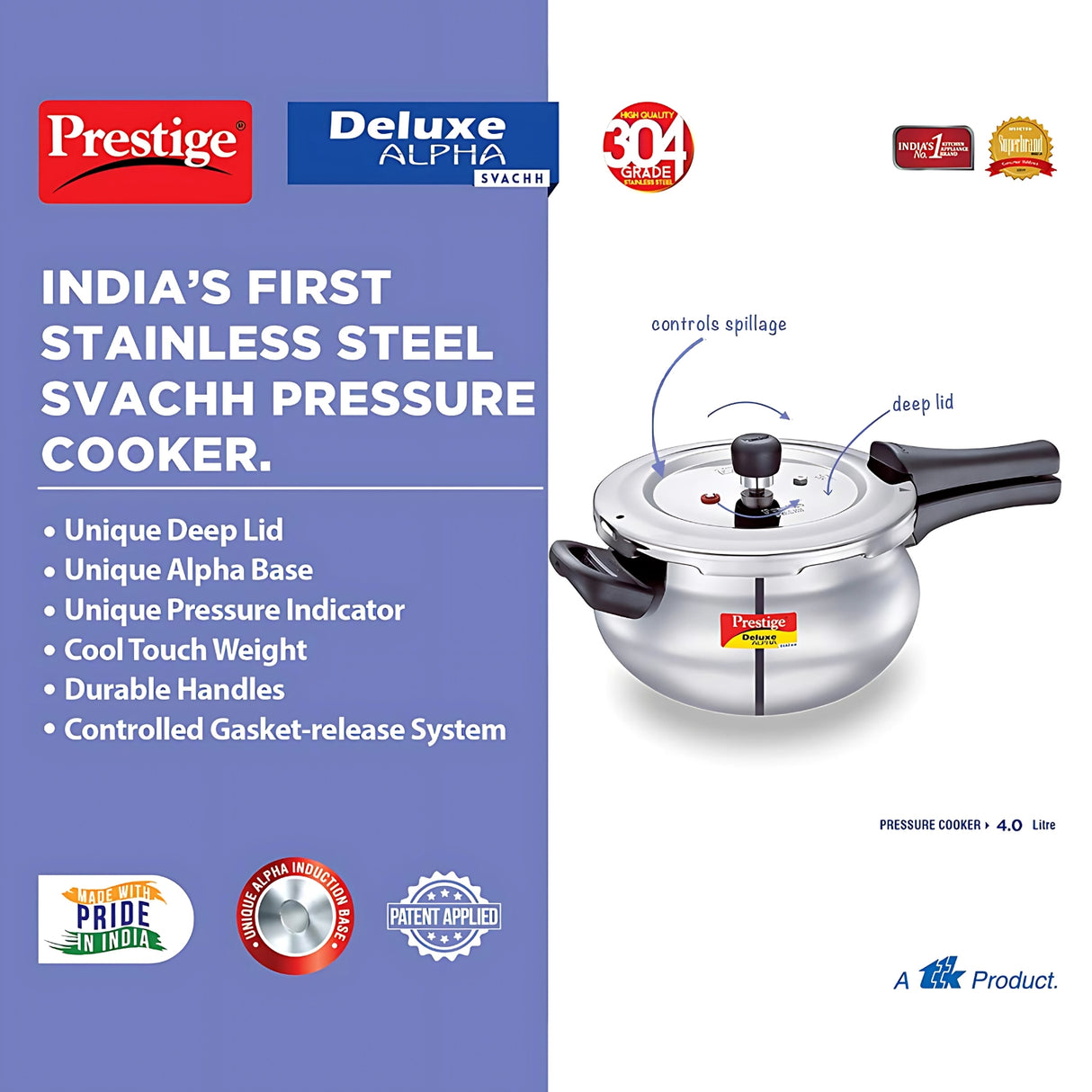 Prestige Deluxe Alpha Svachh Junior Handi SS Pressure Cooker 4 L
