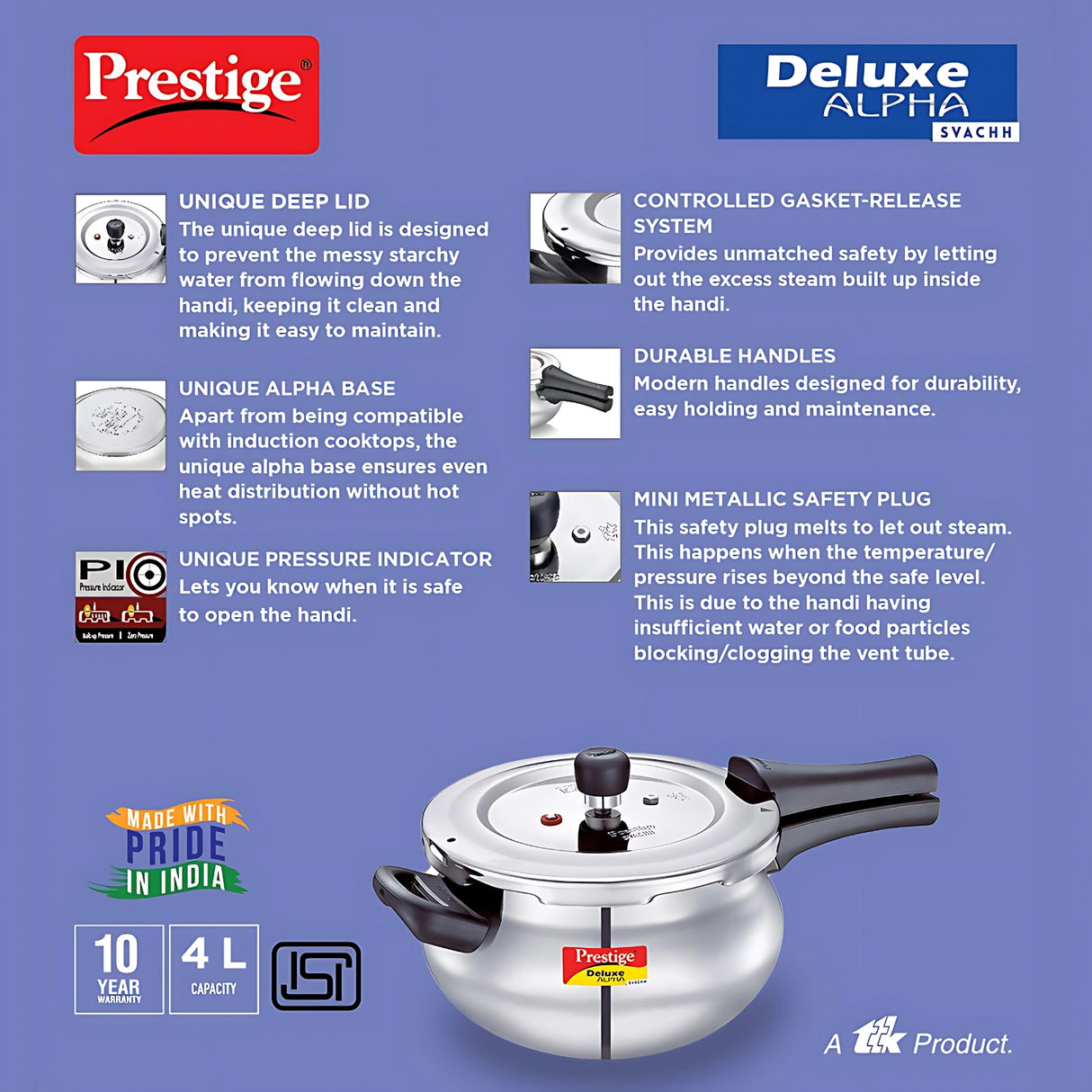 Prestige Deluxe Alpha Svachh Junior Handi SS Pressure Cooker 4 L