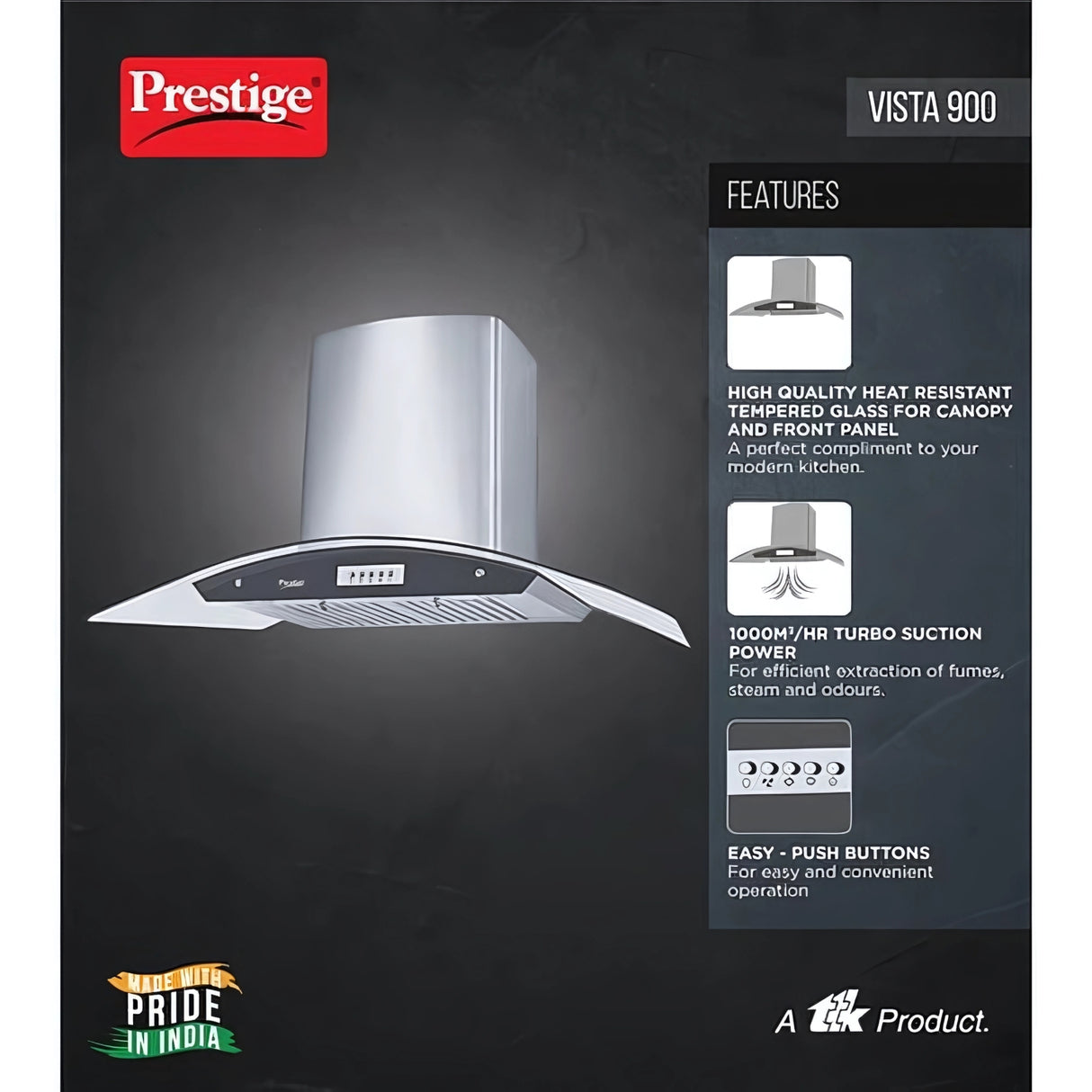 Prestige Vista 900 Touch Control Panel 90cm Kitchen Chimney – Silver
