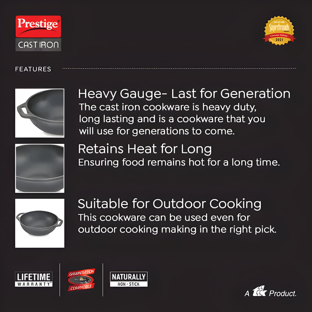 Prestige Cast Iron Round Base Kadai 26 cm \ 3.25 L - Black_5