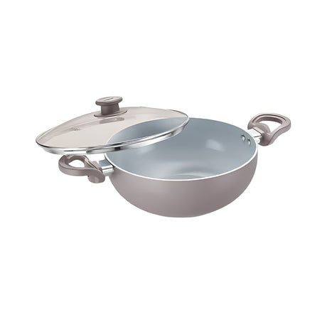 Prestige Ceraglide Duo Ceramic Coating NS Aluminium Deep Kadai with Glass Lid 30 cm \ 5 L – Grey_Front View