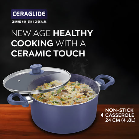 Prestige Ceraglide Duo Ceramic Coating Non Stick Casserole with Glass Lid 24 cm \ 4.8 L - Blue_2