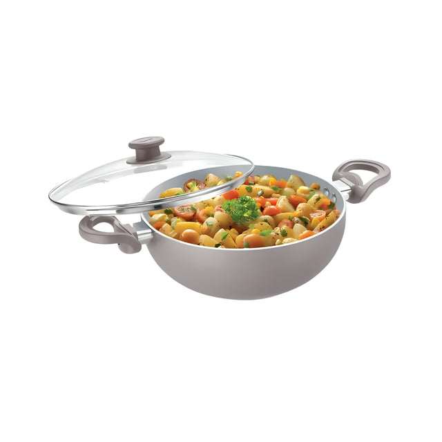 Prestige Ceraglide Duo Ceramic Coating Non Stick Deep Kadai with Glass Lid 28 cm _ 4.25 L_Front View