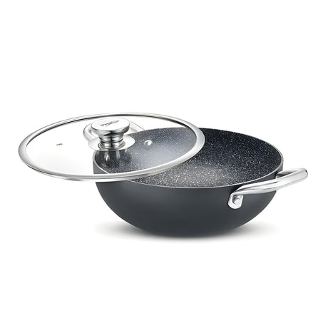 Prestige Durastone Hard Anodised Non-Stick Deep Kadai with Glass Lid 28 cm \ 4.25 L - Black_1