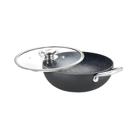 Prestige Durastone Hard Anodised Non-Stick Deep Kadai with Glass Lid 28 cm \ 4.25 L - Black_Front View