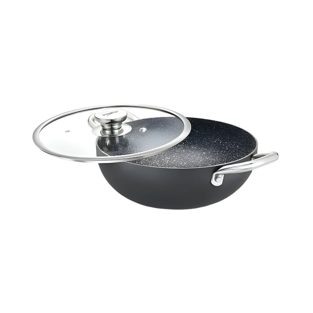Prestige Durastone Hard Anodised Non-Stick Deep Kadai with Glass Lid 28 cm \ 4.25 L - Black_Front View