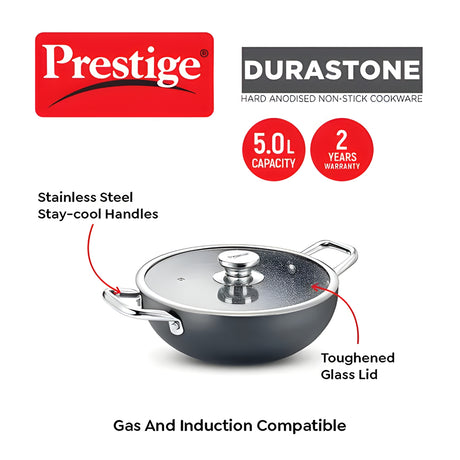 Prestige Durastone Hard Anodised Non-Stick Deep Kadai with Glass Lid 30 cm \ 5 L - Black_2