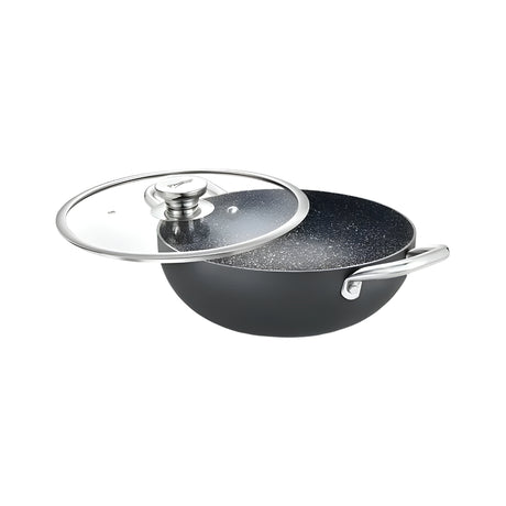 Prestige Durastone Hard Anodised Non-Stick Deep Kadai with Glass Lid 30 cm _ 5 L - Black_Front View