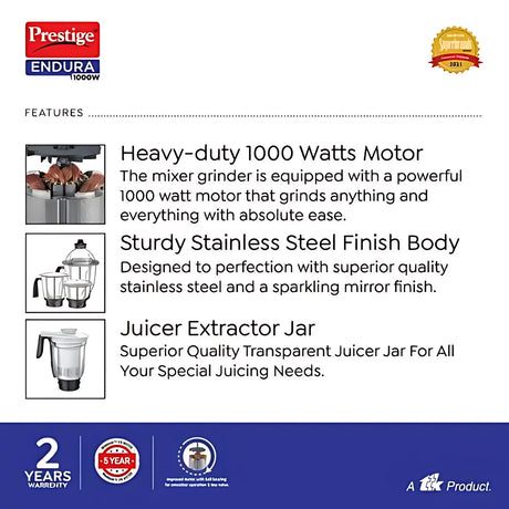 Prestige Endura 1000W Mixer Grinder - Black and Silver_2