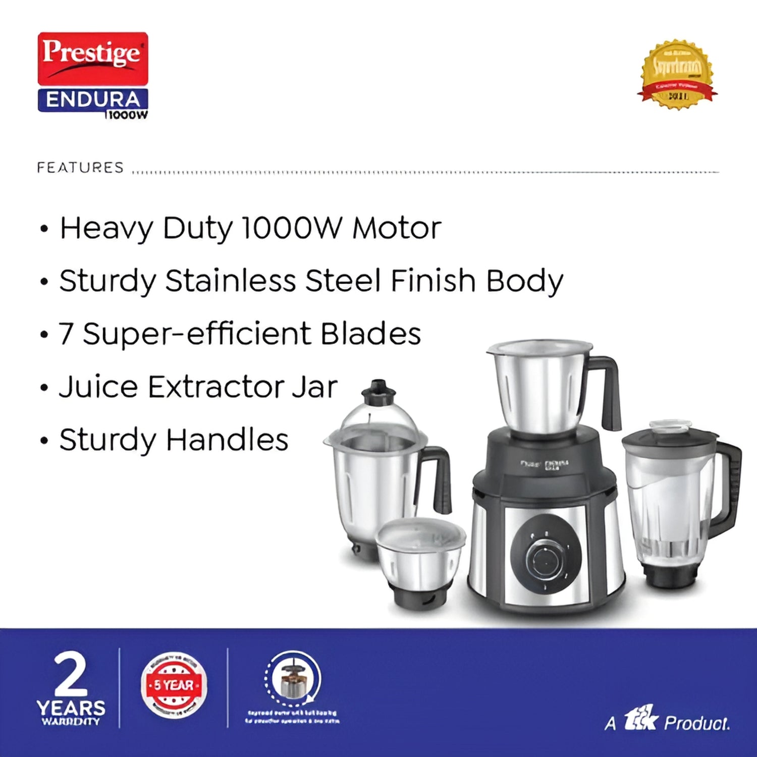Prestige Endura 1000W Mixer Grinder - Black and Silver_3