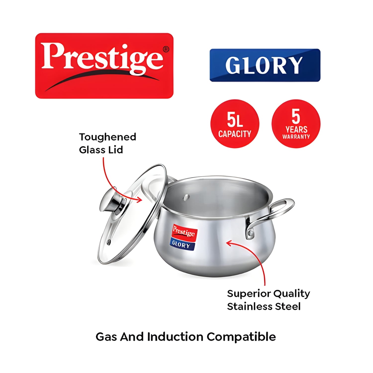Prestige Glory Handi Stainless Steel Cookware with Glass Lid 22 cm \ 5 L_3