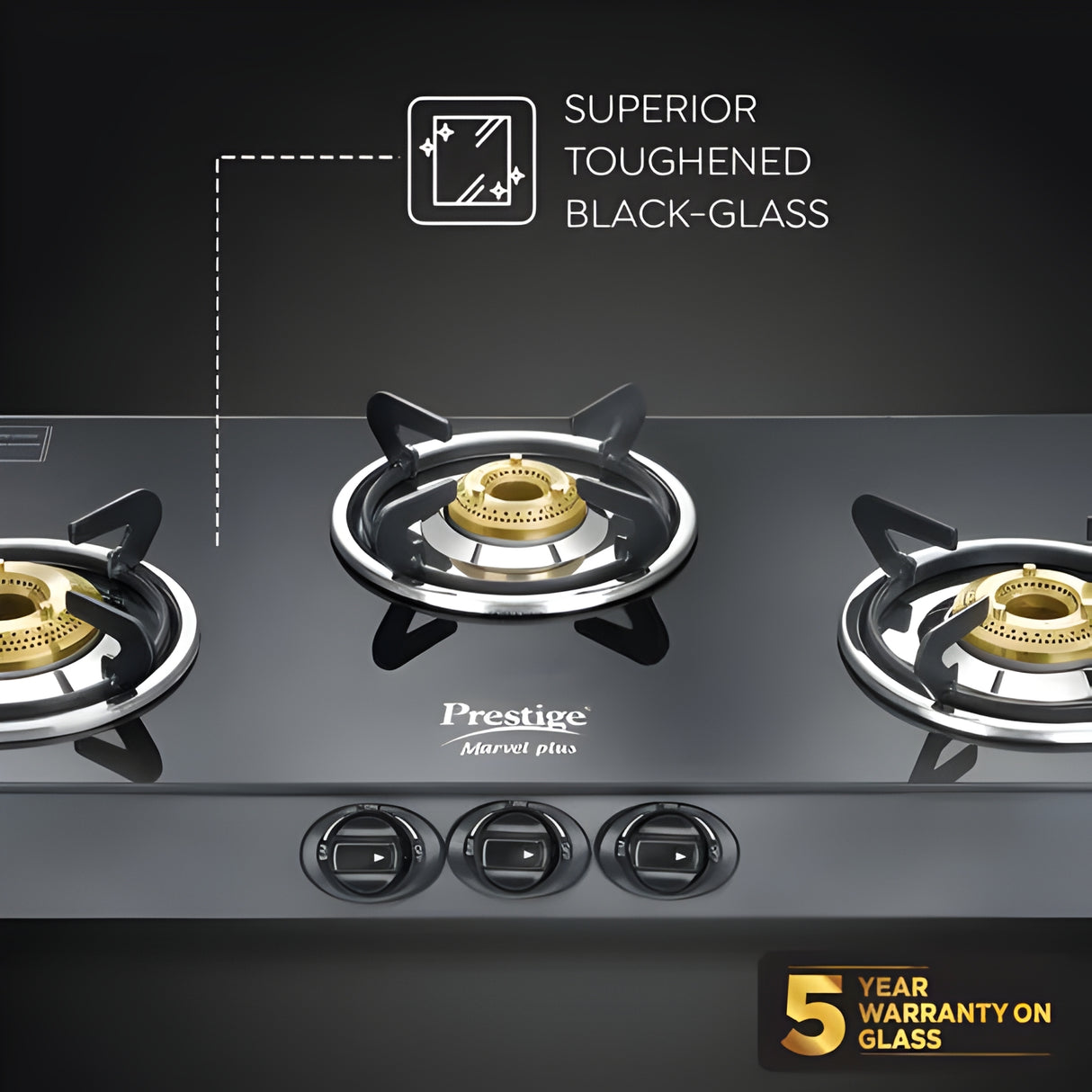 Prestige Marvel Plus GTM 03 3 Burner Glass Top Gas Stove with Tri-Pin Brass Burners – Black_3