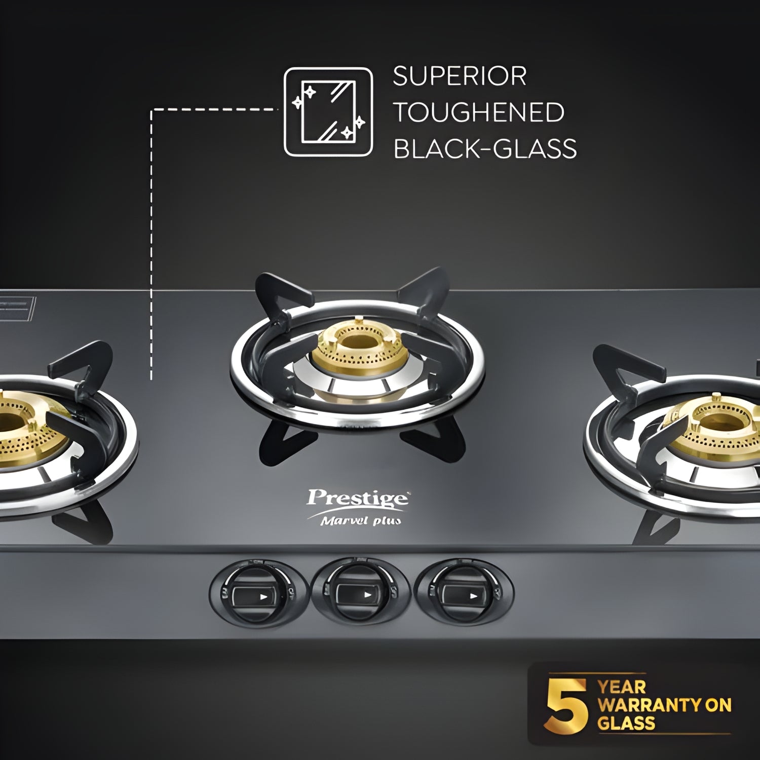 Prestige Marvel Plus GTM 03 3 Burner Glass Top Gas Stove with Tri-Pin Brass Burners – Black_3