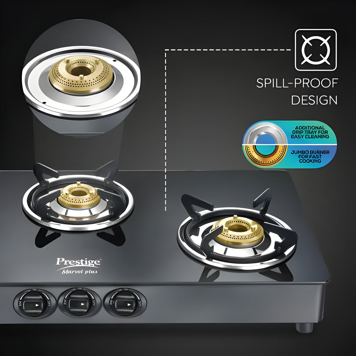 Prestige Marvel Plus GTM 03 3 Burner Glass Top Gas Stove with Tri-Pin Brass Burners – Black_5