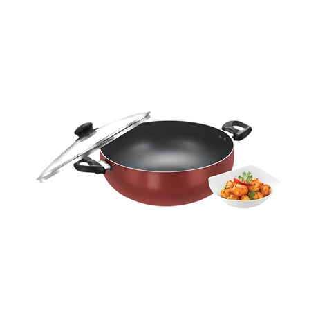 Prestige Omega Deluxe Aluminium NS Deep Kadai with Glass Lid 28 cm _ 5 L - Red_Front View