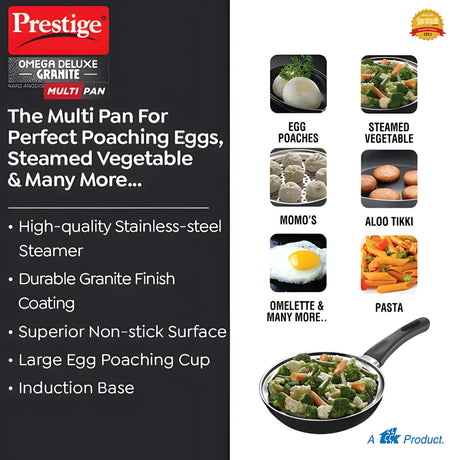 Prestige Omega Deluxe Granite Multi-Pan with Glass Lid ( Egg Poacher and Steamer ) - 20 cm_2