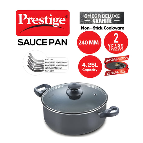 Prestige Omega Deluxe Granite NS Sauce Pan with Glass Lid 24 cm \ 4.25 L - Black_2