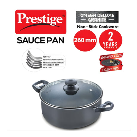 Prestige Omega Deluxe Granite NS Sauce Pan with Glass Lid 26 cm \ 5.75 L - Black_2
