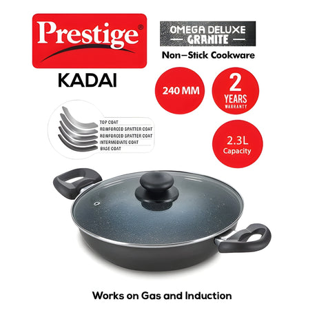 Prestige Omega Deluxe Granite Non-stick Kadai with Glass Lid 24 cm \ 2.4 L - Black_2