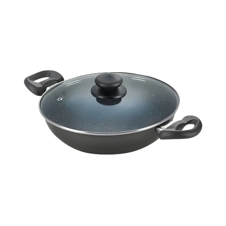 Prestige Omega Deluxe Granite Non-stick Kadai with Glass Lid 24 cm _ 2.4 L - Black_Front  View