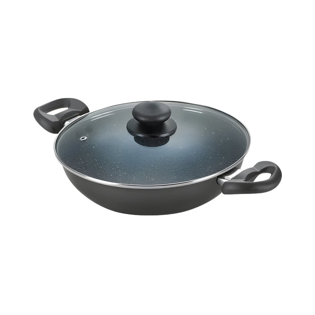 Prestige Omega Deluxe Granite Non-stick Kadai with Glass Lid 24 cm _ 2.4 L - Black_Front  View