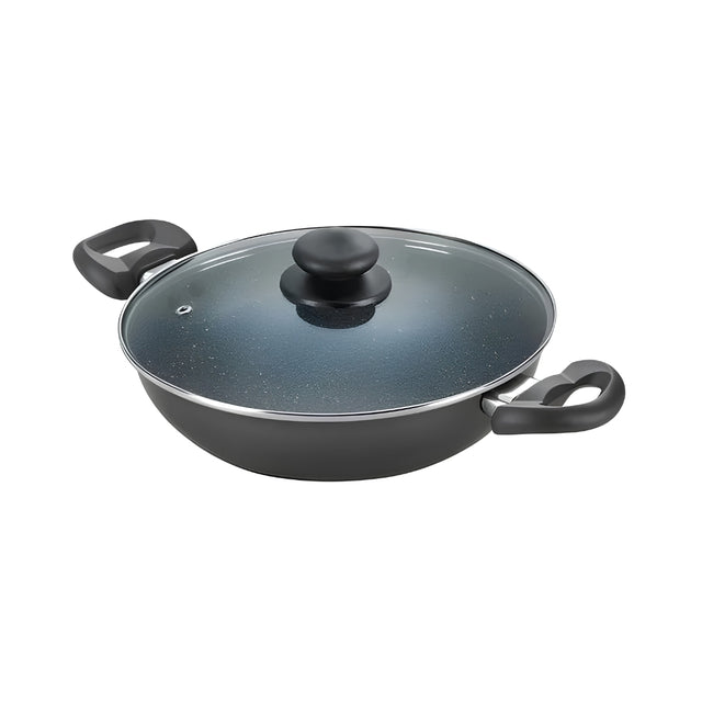Prestige Omega Deluxe Granite Non-stick Kadai with Glass Lid 26 cm _ 3.25 L - Black_ Front View