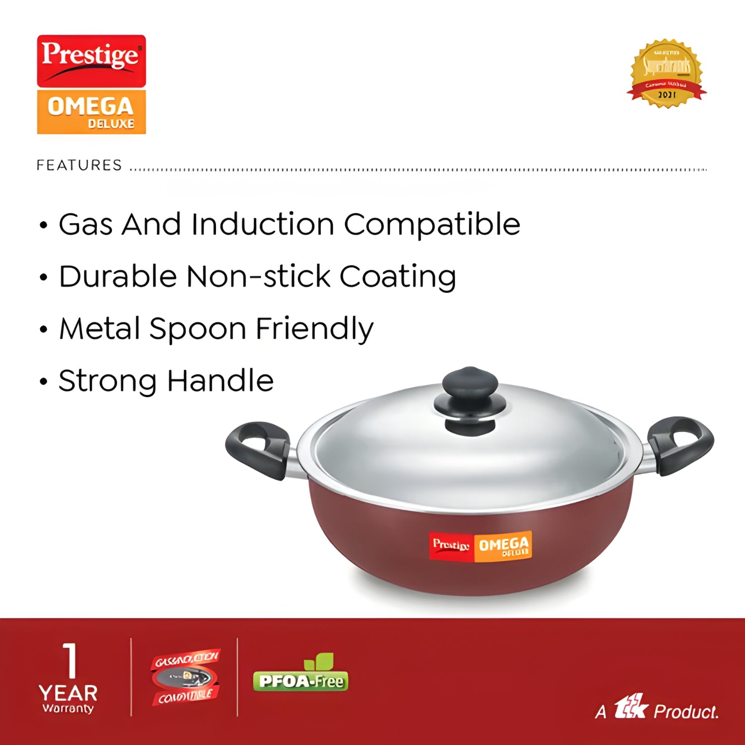 Prestige Omega Deluxe Non-Stick Kadai with SS Lid 24 cm \ 3.5 L - Red_3