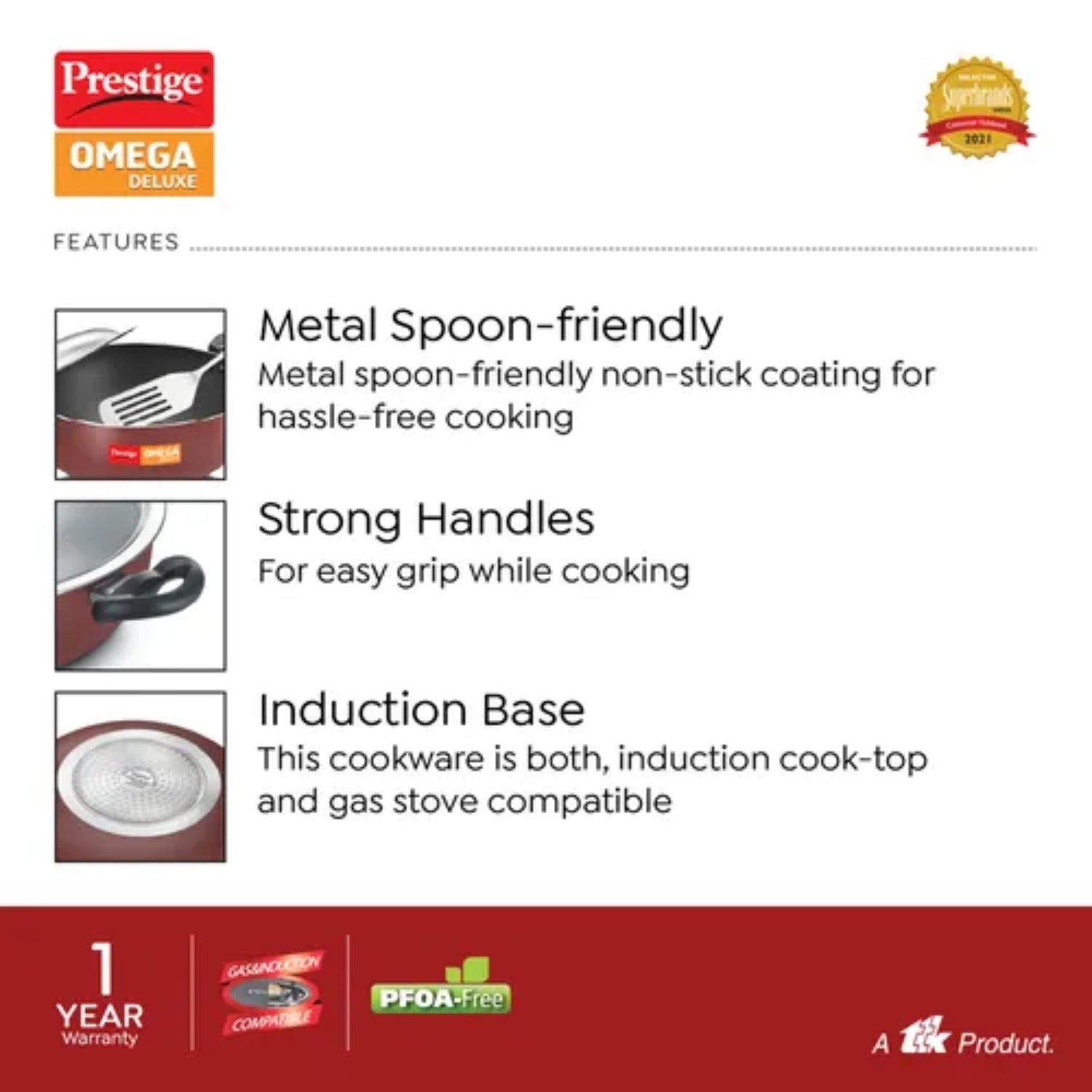 Prestige Omega Deluxe Non-Stick Kadai with SS Lid 24 cm \ 3.5 L - Red_4