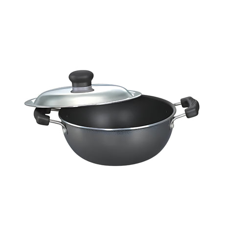 Prestige Omega Select Plus Aluminium Flat Base NS Coating Kadai with SS Lid 27 cm - Black_Front View