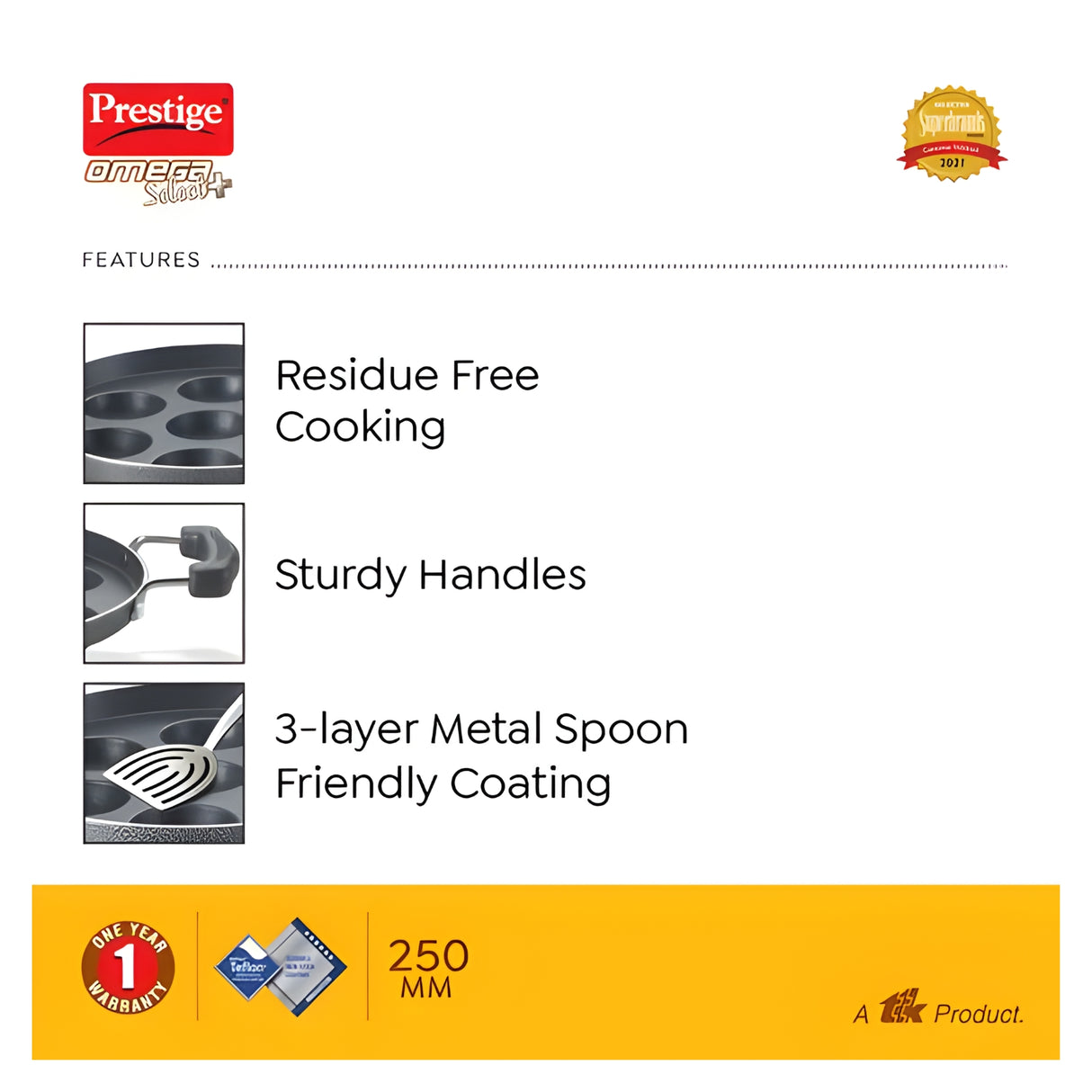 Prestige Omega Select Plus Teflon Coating Paniyarakkal 25 cm \ 11 Pits - Black_3
