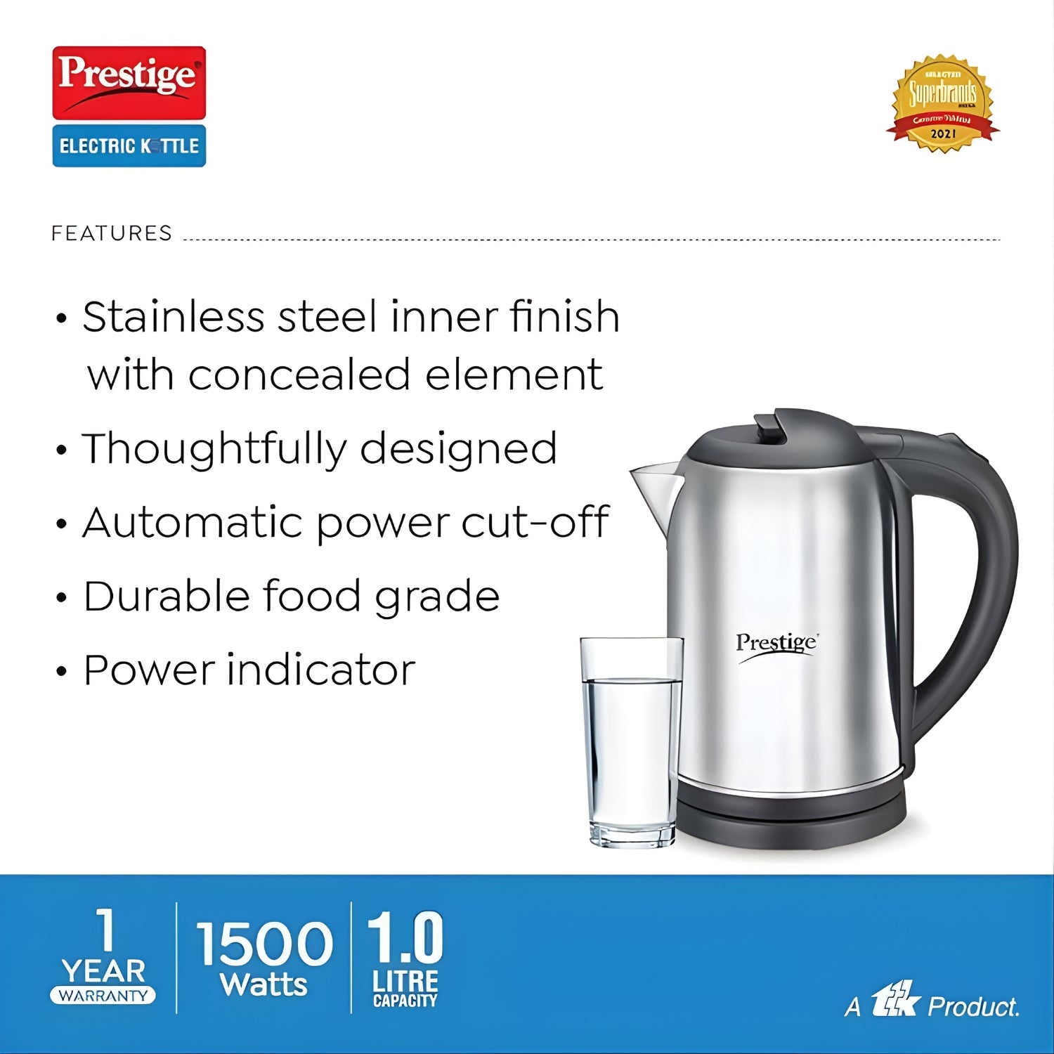 Prestige PKNSS 1.0 41869 Stainless Steel Body 1500 W Electric Kettle 1 L – Silver_3
