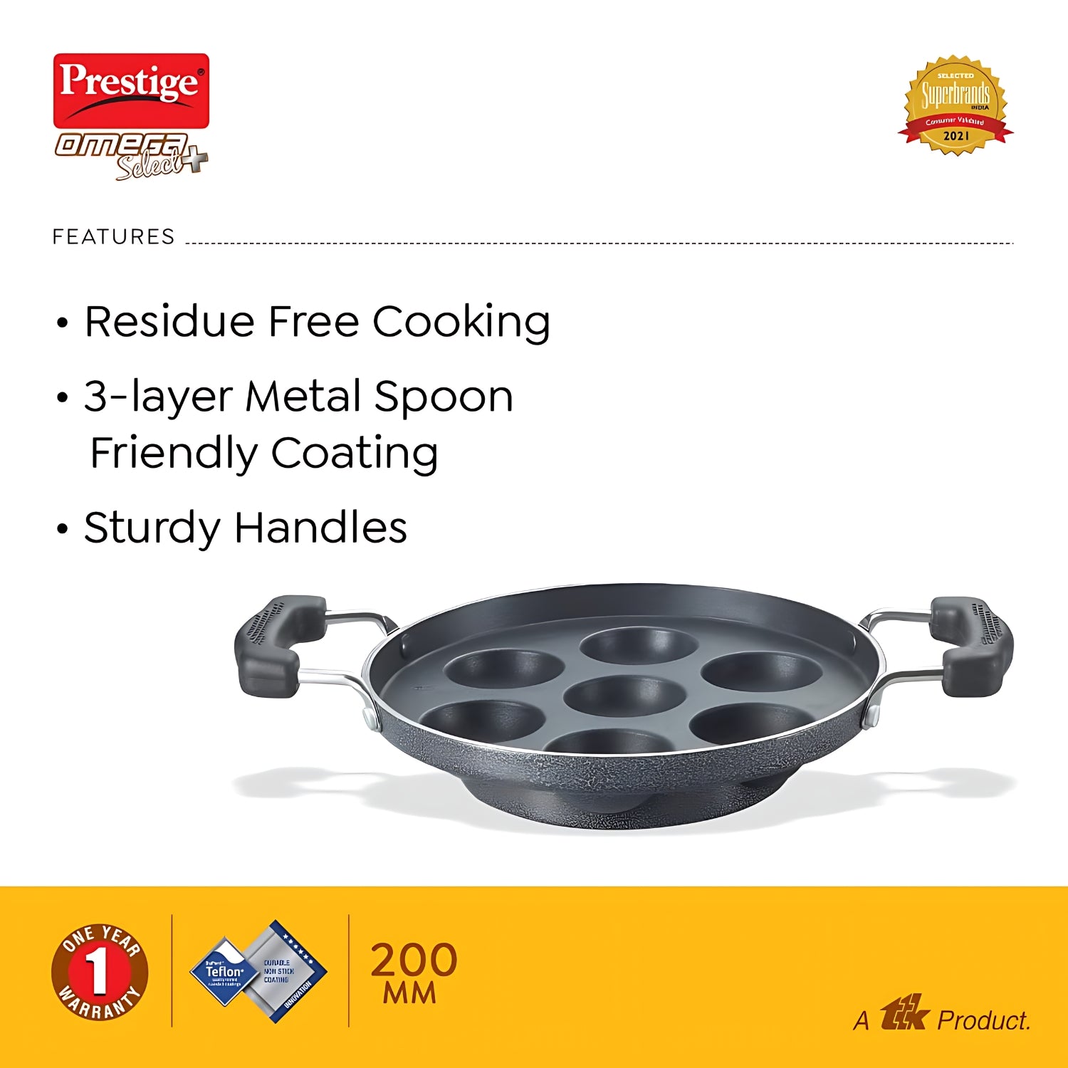 Prestige Paniyaram Pan Omega Select Plus 200 mm \ 7 Cavity - Black_7